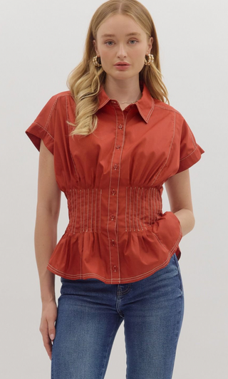 Short Sleeve Peplum Top, Rust