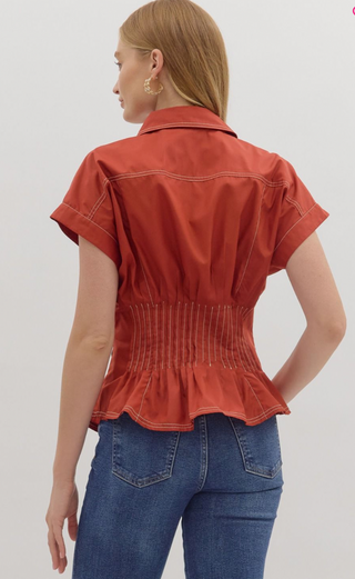 Short Sleeve Peplum Top, Rust