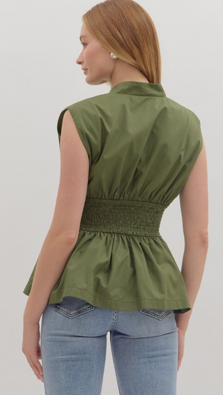 Zip Front Peplum Top, Olive