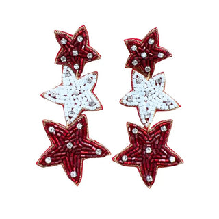 Beaded Star Earrings, Maroon/White