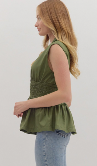 Zip Front Peplum Top, Olive