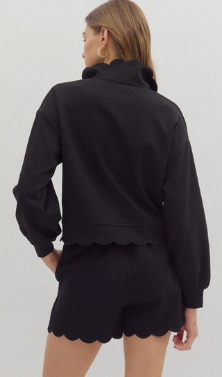 Long Sleeve Scalloped Edge Sweatshirt, Black