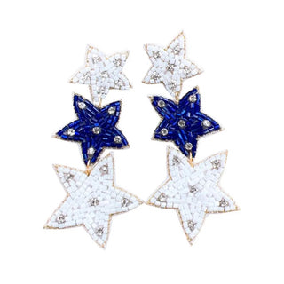 Beaded Star Earrings, Blue/White