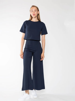 Ponte Knit Wide Leg Pant Cropped, Navy