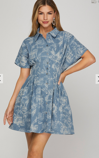 Short Sleeve Washed Print Denim Pintuck Mini Dress, Denim