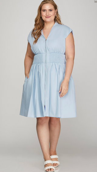 Drop Shoulder Smocked Waist Zip Front Dress, Light Blue