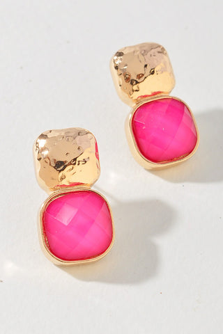 Hammered Metal Square Stone Earring, Pink