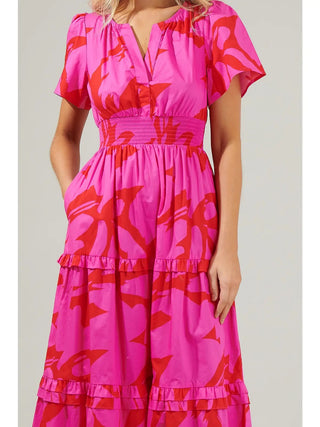 Jolene Tiered Maxi Dress, Fuchsia/Red