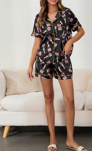 Champagne Party PJ Short Set, Black