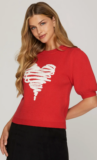 Short Sleeve Heart Appliqué Sweater, Red