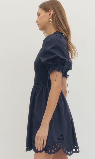 Puff Sleeve V Neck Mini Dress, Navy
