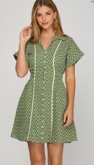 Short Sleeve Embroidered Button Down Mini, Green