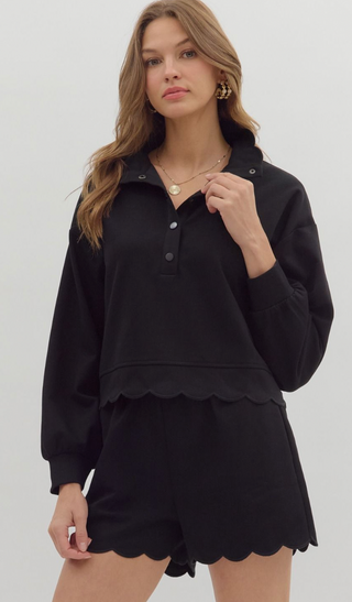 Long Sleeve Scalloped Edge Sweatshirt, Black