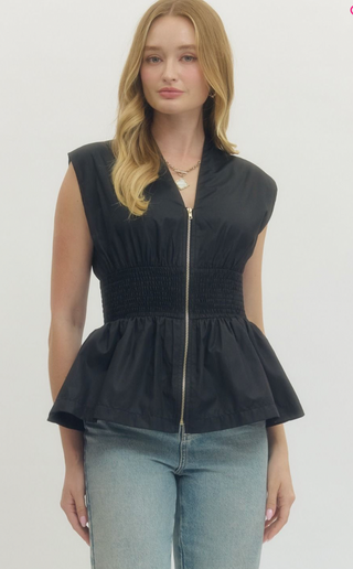 Zip Front Peplum Top, Black