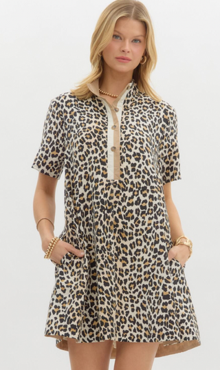 Short Sleeve Shirt Dress, Leopard