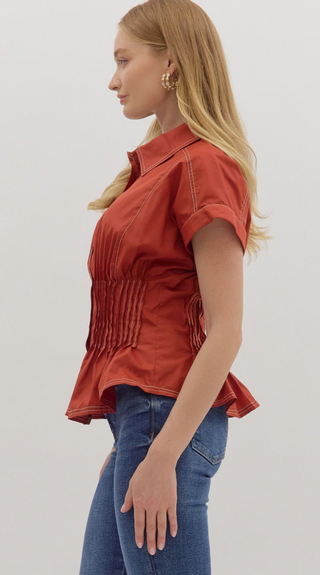 Short Sleeve Peplum Top, Rust