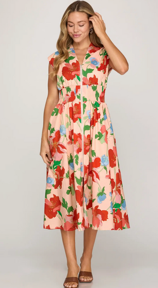 Drop Shoulder Zip Front Dress, Pink Floral