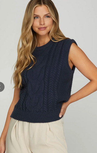 Sleeveless Cable Knit Sweater, Navy
