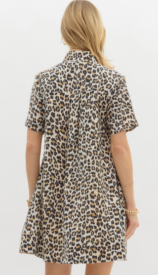 Short Sleeve Shirt Dress, Leopard