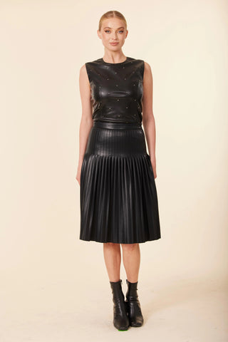 Vegan Leather Pleated Skirt, Black