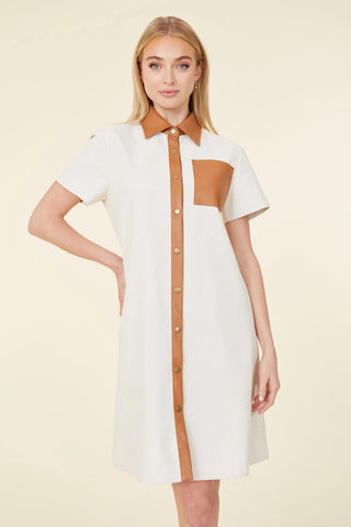 Vegan Leather Perforated Short Sleeve Dress, Creme