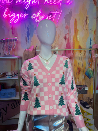 Pink Checkered Christmas Tree Cardigan, Pink