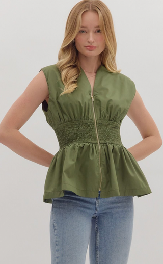 Zip Front Peplum Top, Olive