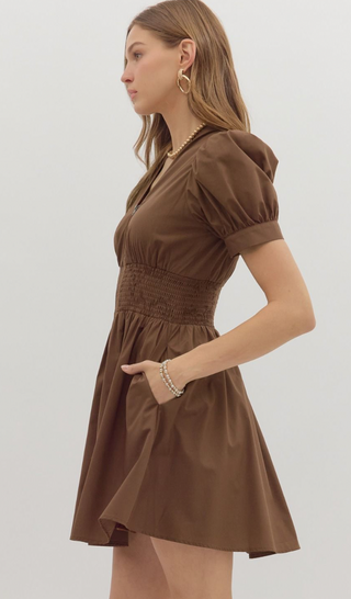 V Neck MIni Dress, Brown