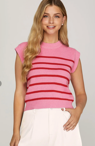 SLEEVELESS ROUND NECK STRIPED SWEATER TOP, Pink/Red