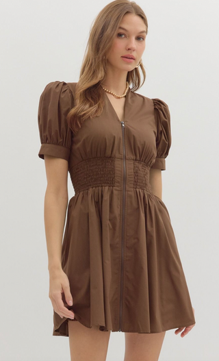 V Neck MIni Dress, Brown