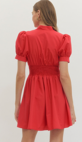 Puff Sleeve Zip Front Dress, Red