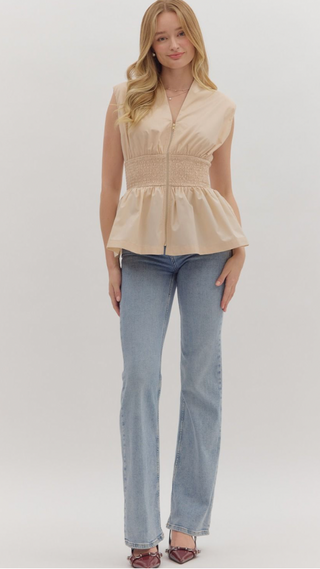 Zip Front Peplum Top, Ecru
