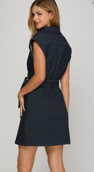 Short Sleeve V Neck Denim Mini Dress, Dark Denim