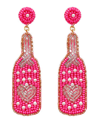Beaded Heart Liquor Bottle Earrings, Neon Pink