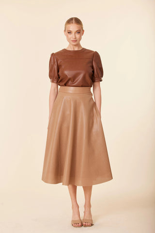 Vegan Leather Perforated Skirt, Camel