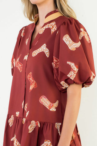 Puff Sleeve Boots Print Dress, Maroon