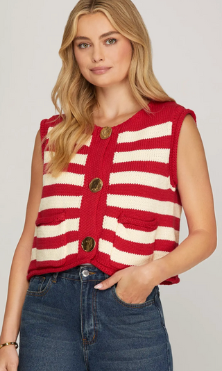 Sleeveless Striped Button Down Vest, Red