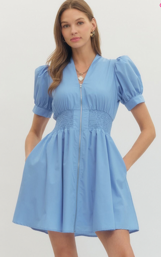 Puff Sleeve Zip Front Dress Chambray