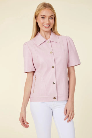 Vegan Leather Perforated Short Sleeve Shirt Jacket, Orchid