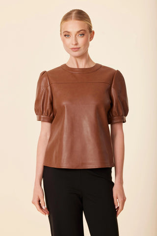 Vegan Leather Perforated Sleeve Blouse, Coffee