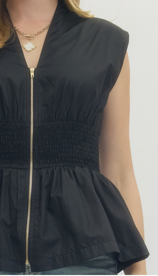 Zip Front Peplum Top, Black