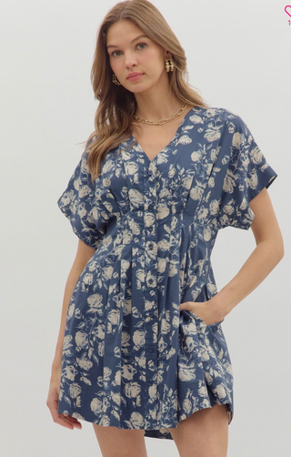 V Neck Button Front Dress, Blue