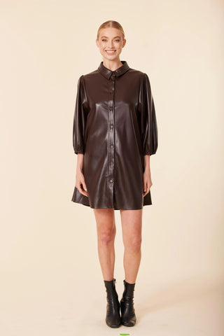 Vegan Leather Exagerated Sleeve Dress, Coffee