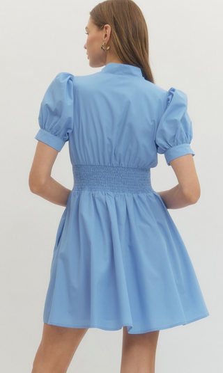 Puff Sleeve Zip Front Dress Chambray