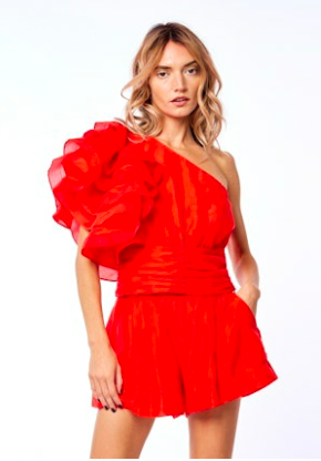 One Shoulder Flutter Top, Coral