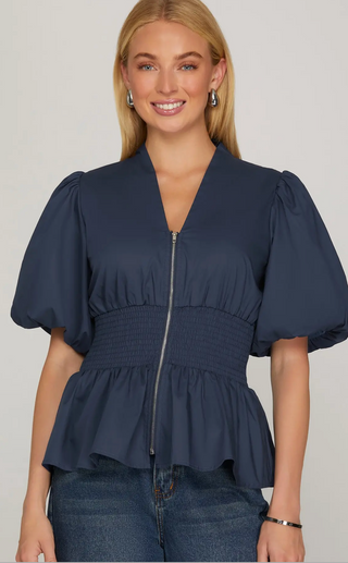 Puff Sleeve Smocked Short Sleeve Shirt, Navy