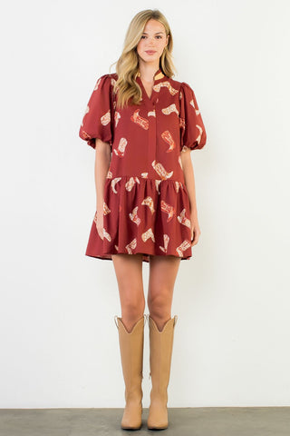 Puff Sleeve Boots Print Dress, Maroon
