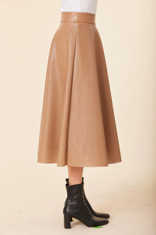 Vegan Leather Perforated Skirt, Camel