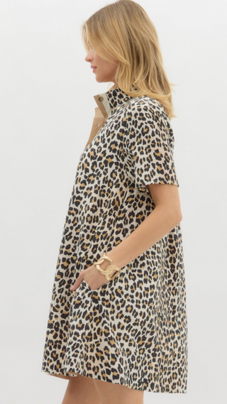 Short Sleeve Shirt Dress, Leopard
