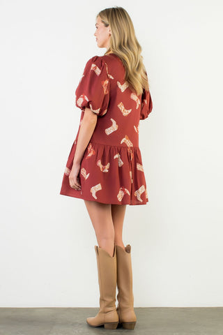Puff Sleeve Boots Print Dress, Maroon